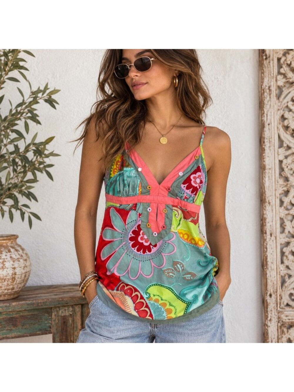 VTG Y2K Boho Babydoll Cami Top XL Psychedelic Floral Mirror Embellished Hippie
